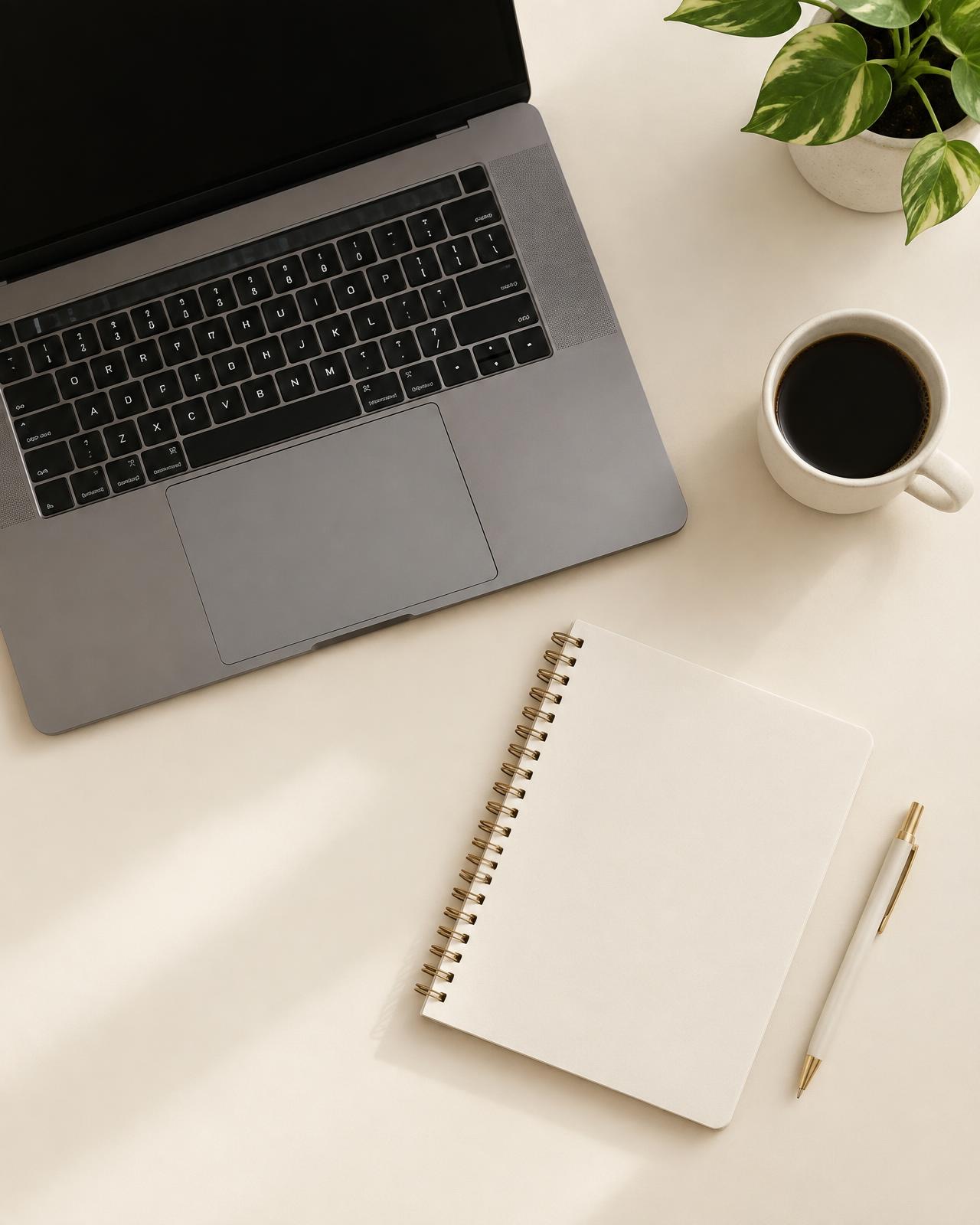 Laptop, notebook and coffee cup arranged on a light desk surface